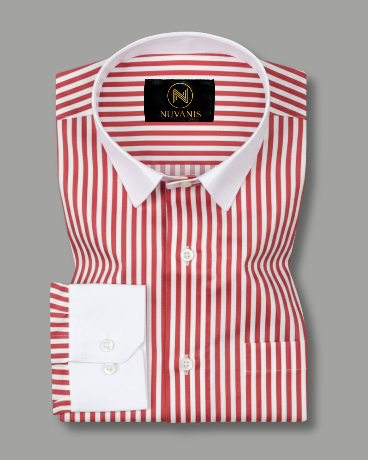 Red And White Cuff Collar Striped Printed Shirt