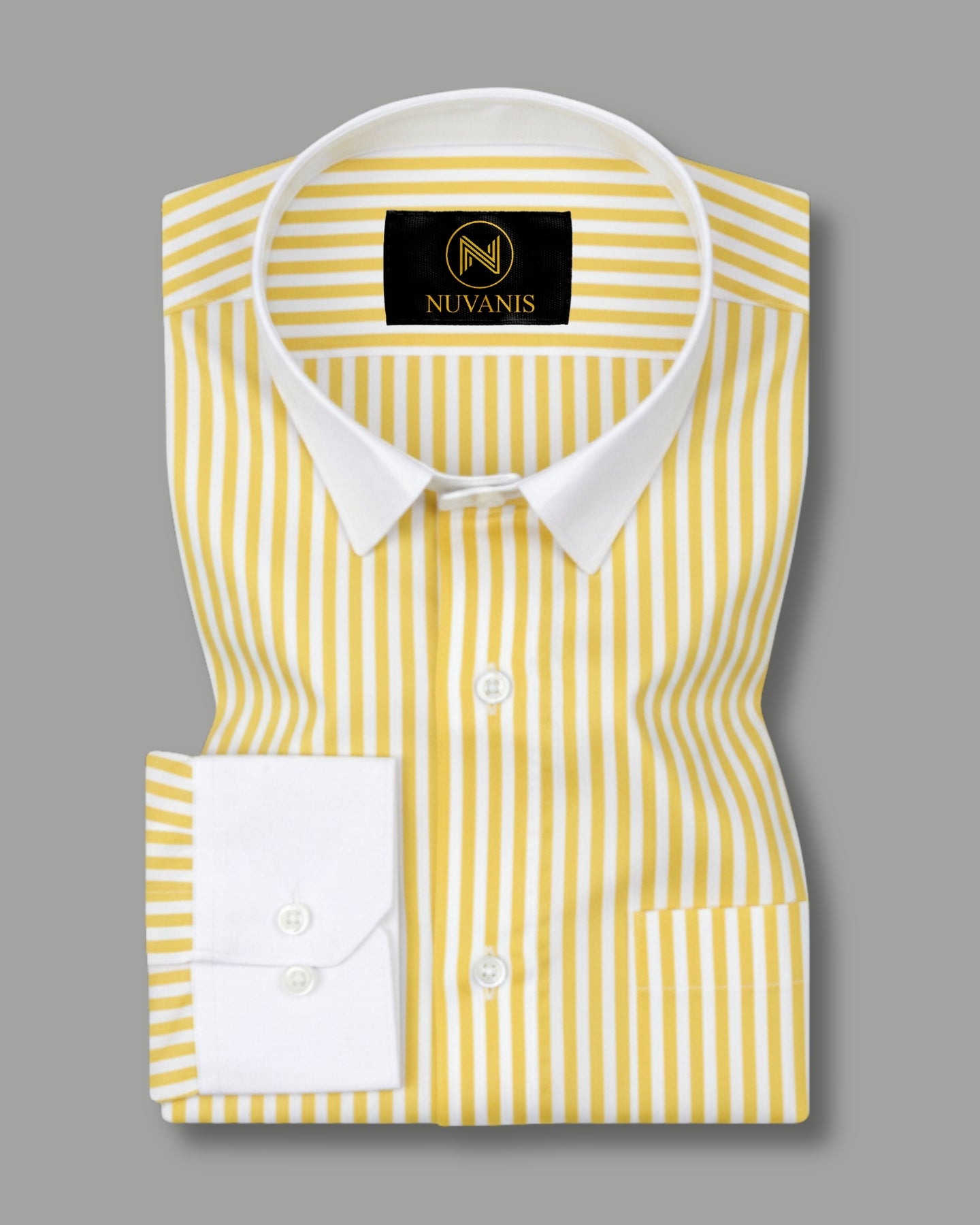 Yellow And White Cuff Collar Striped Printed Shirt