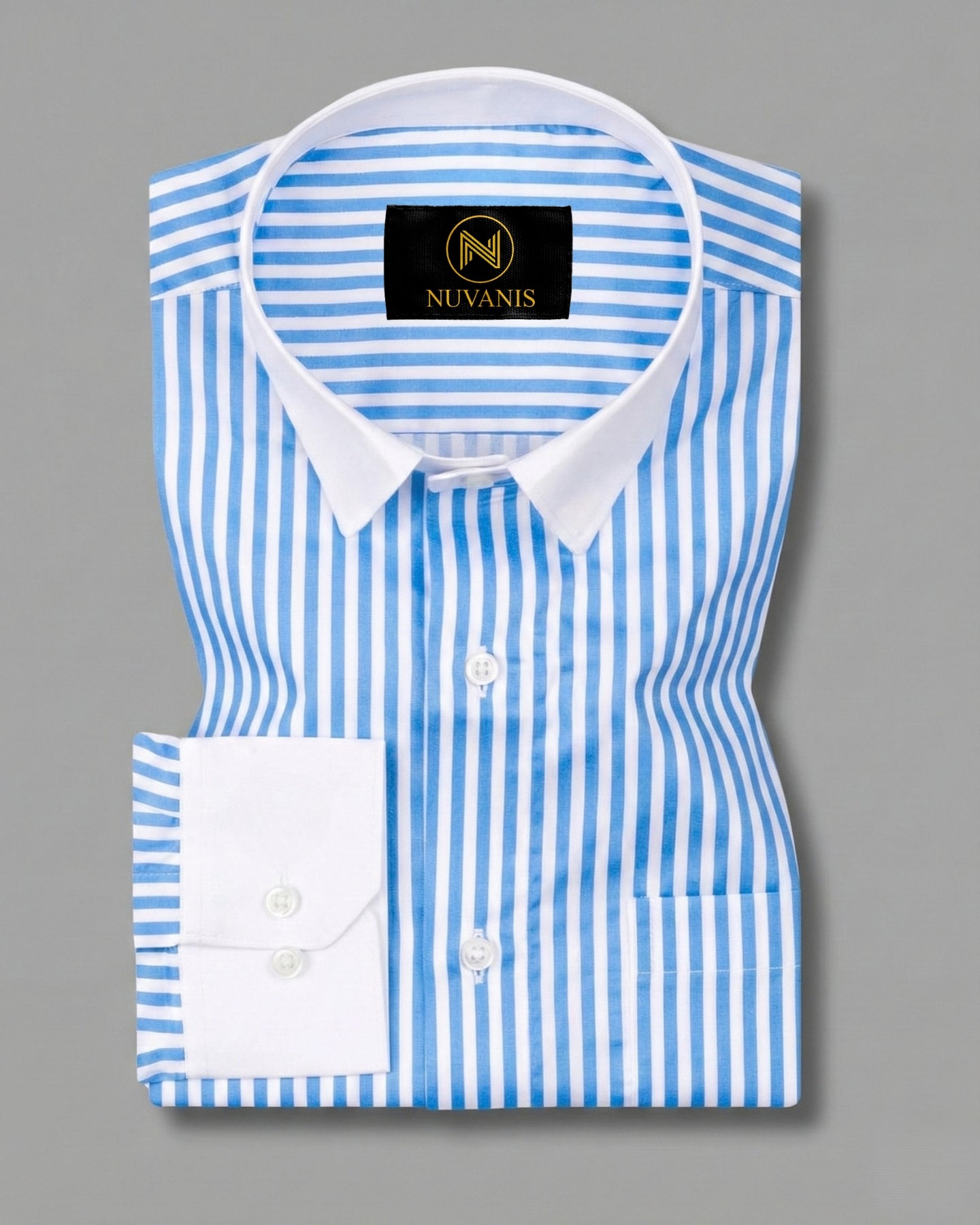 Sky Blue And White Cuff Collar Striped Printed Shirt