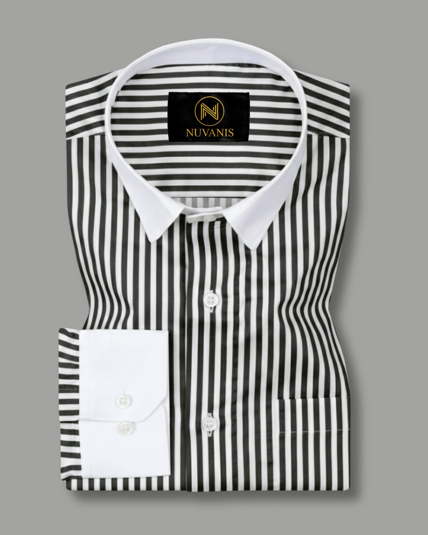 Black And White Cuff Collar Striped Printed Shirt