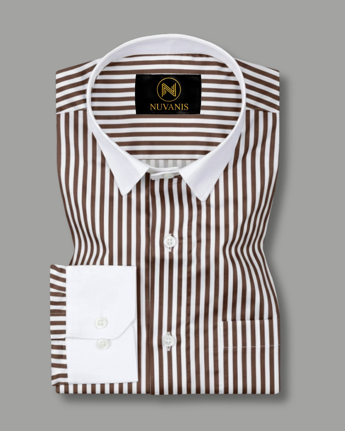 Brown And White Cuff Collar Striped Printed Shirt