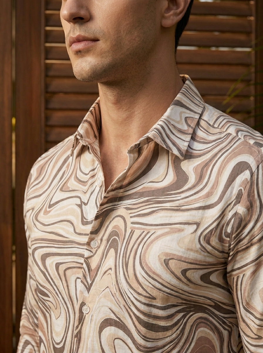 Cream Marble Pattern Printed Designer Full Sleeve Shirt