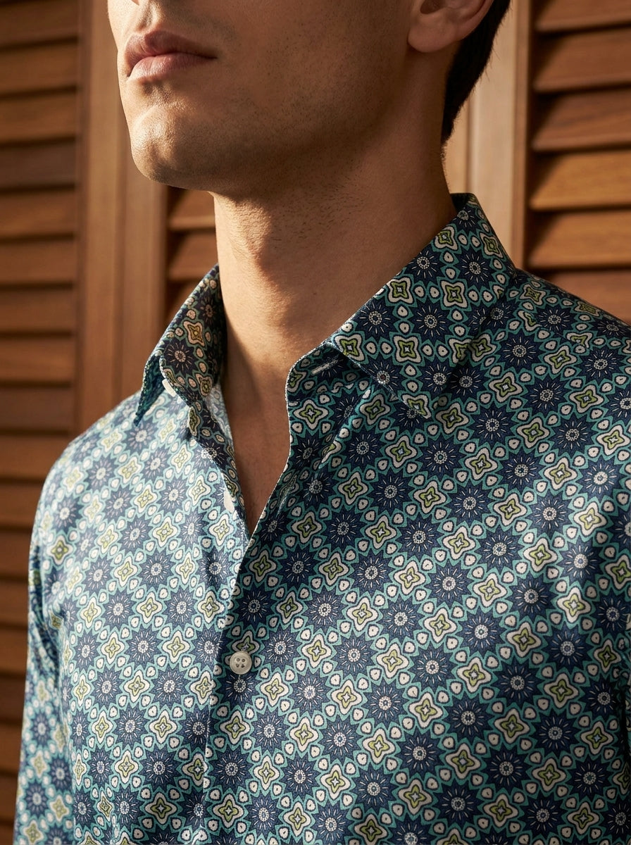 Blue Ethnic Pattern Printed Designer Full Sleeve Shirt