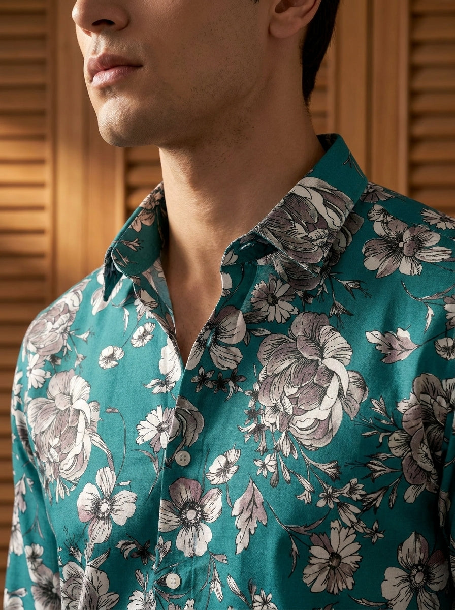 Cyan Flower Printed Designer Full Sleeve Shirt