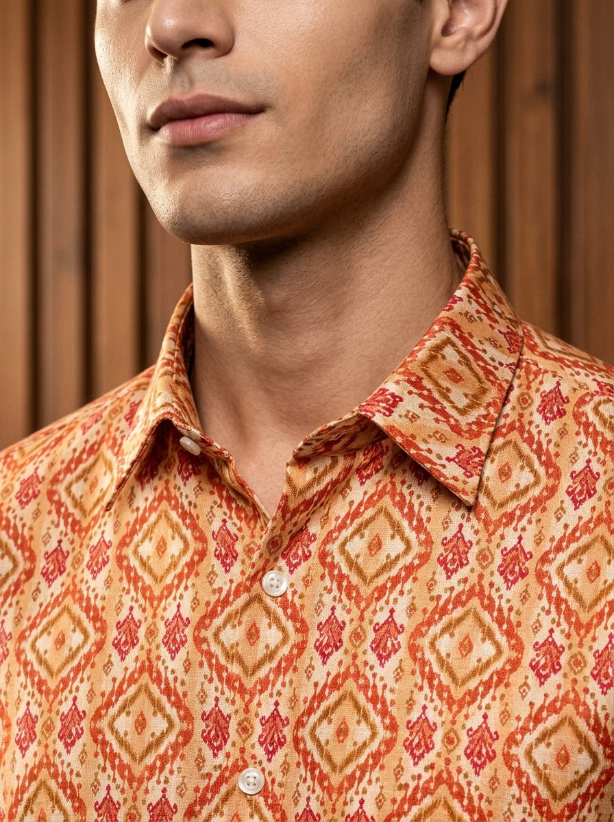 Orange Ethic Pattern Printed Designer Full Sleeve Shirt