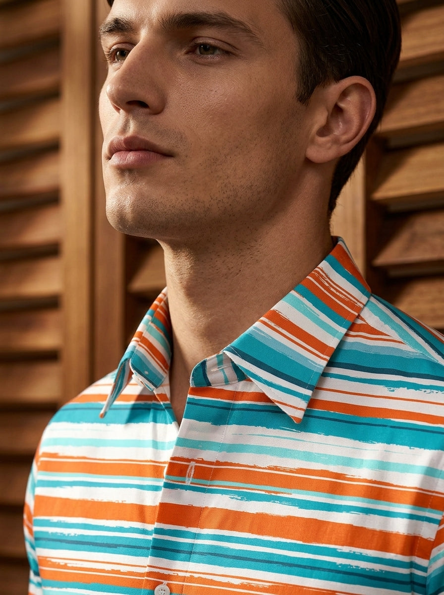 Orange And Sky Striped Printed Designer Full Sleeve Shirt