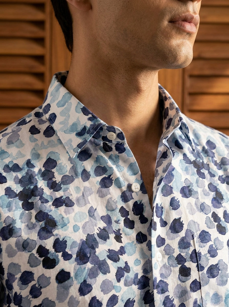 White And Blue Abstract Printed Full Sleeve Shirt