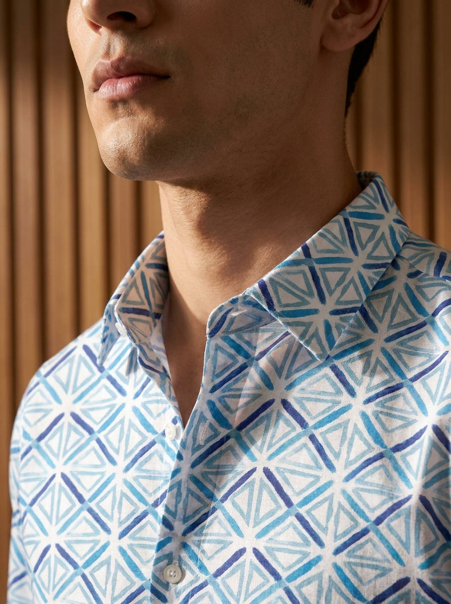 White And Sky Blue Triangle Pattern Printed Full Sleeve Shirt