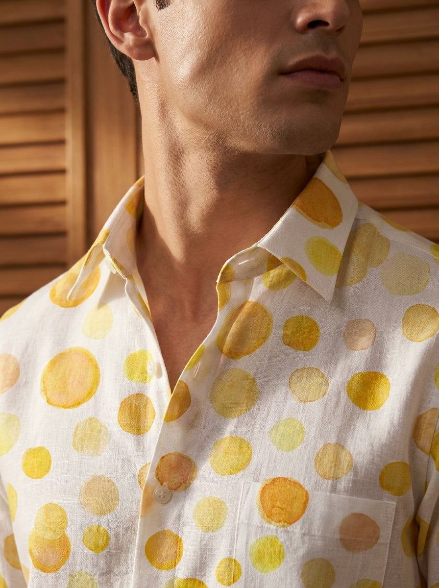 White And Mustard Painted Polka Dot Printed Full Sleeve Shirt