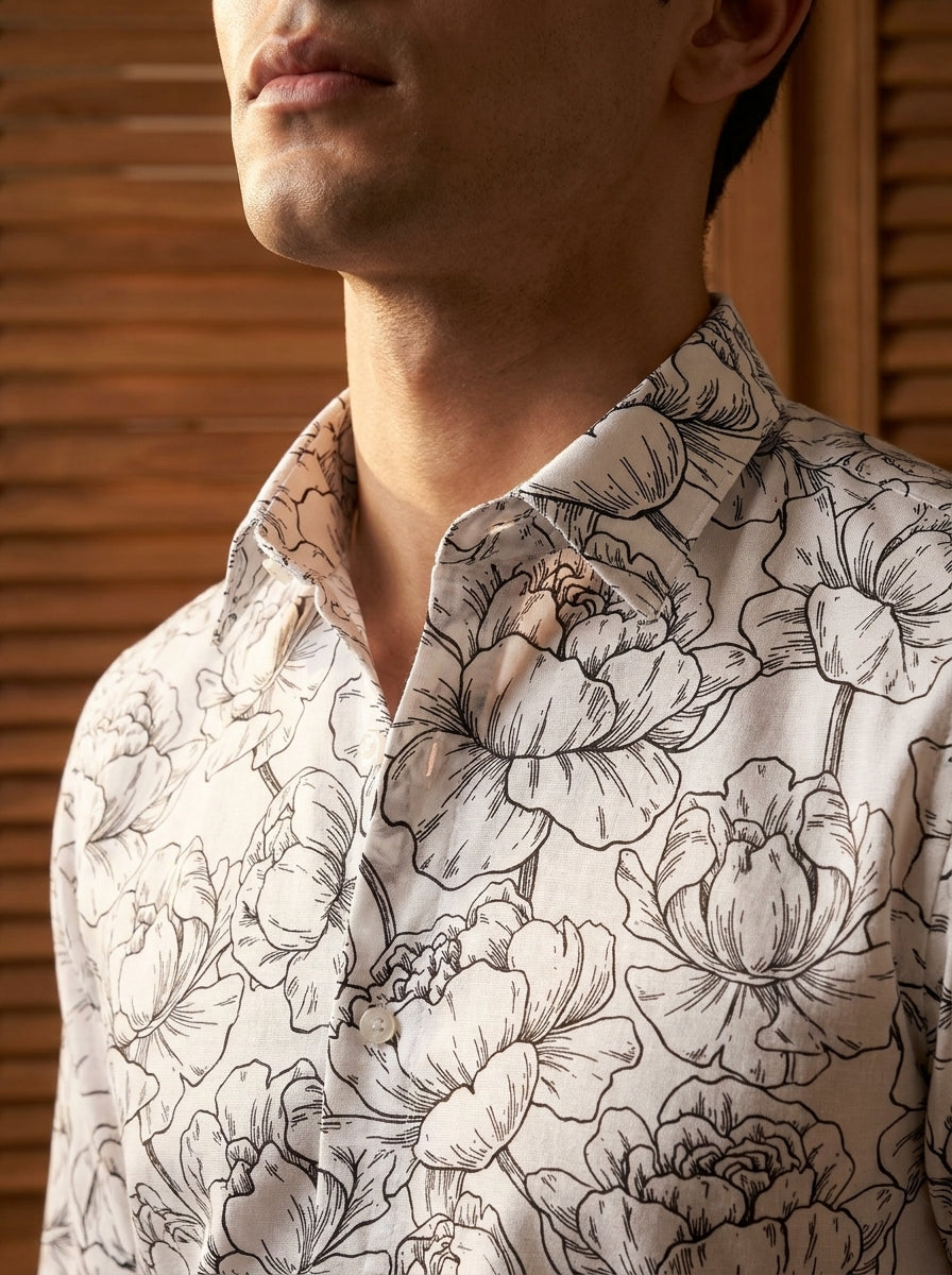 White And Black Flower Printed Full Sleeve Shirt