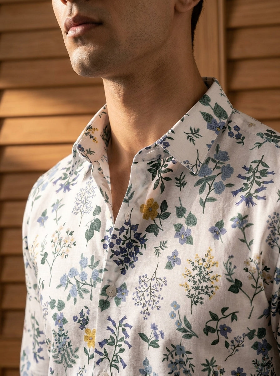 White Multicolor Flower Printed Full Sleeve Shirt