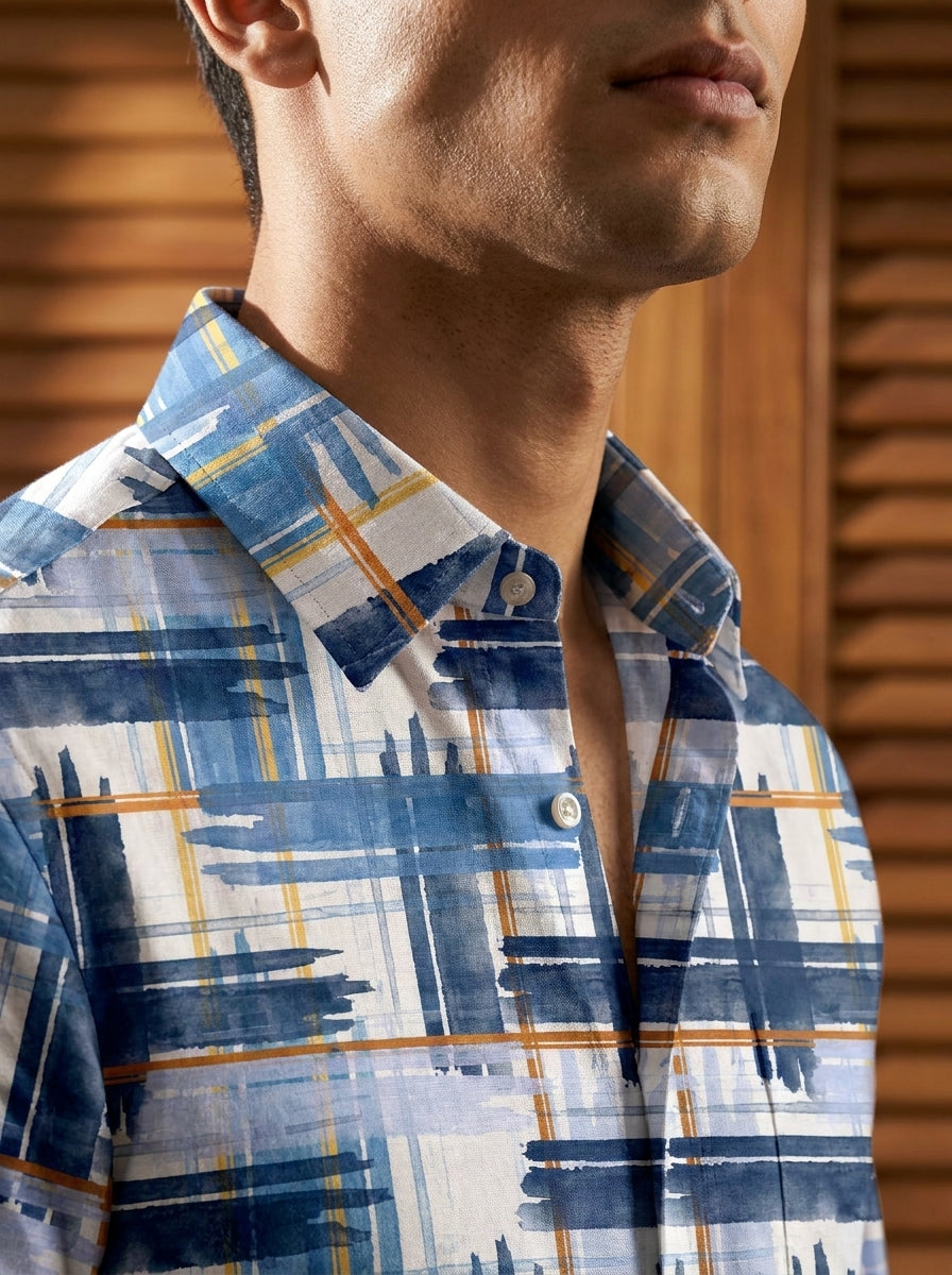 Navy Blue Checks Printed Full Sleeve Shirt