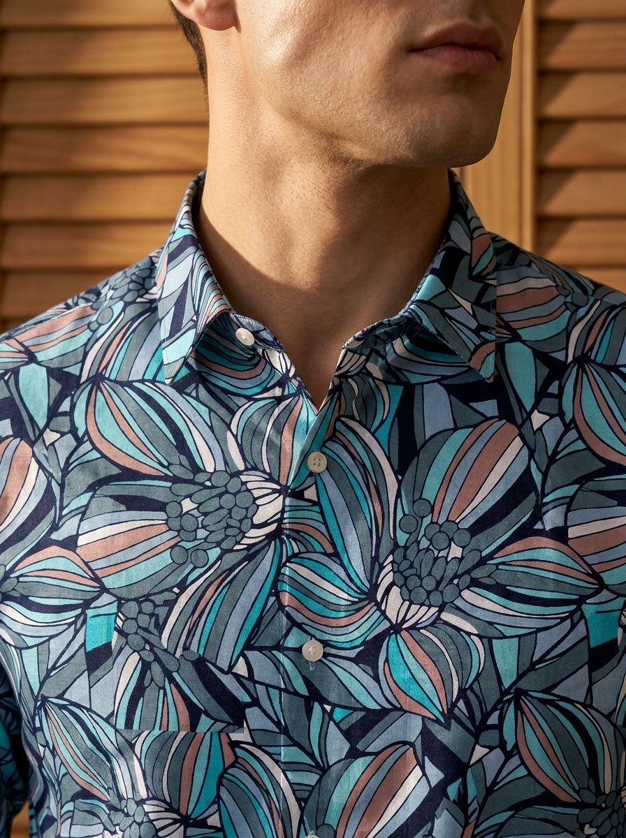 Blue Flower Printed Full Sleeve Shirt