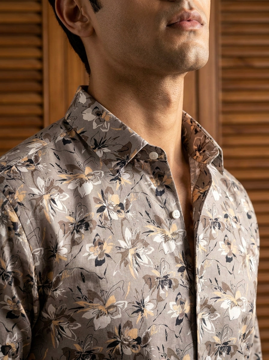 Light Grey Flower Printed Full Sleeve Shirt