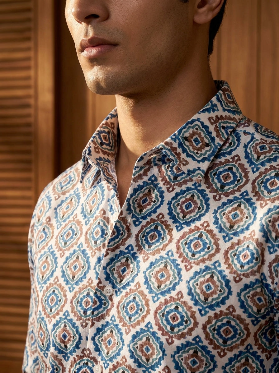 White Ethnic Printed Full Sleeve Shirt