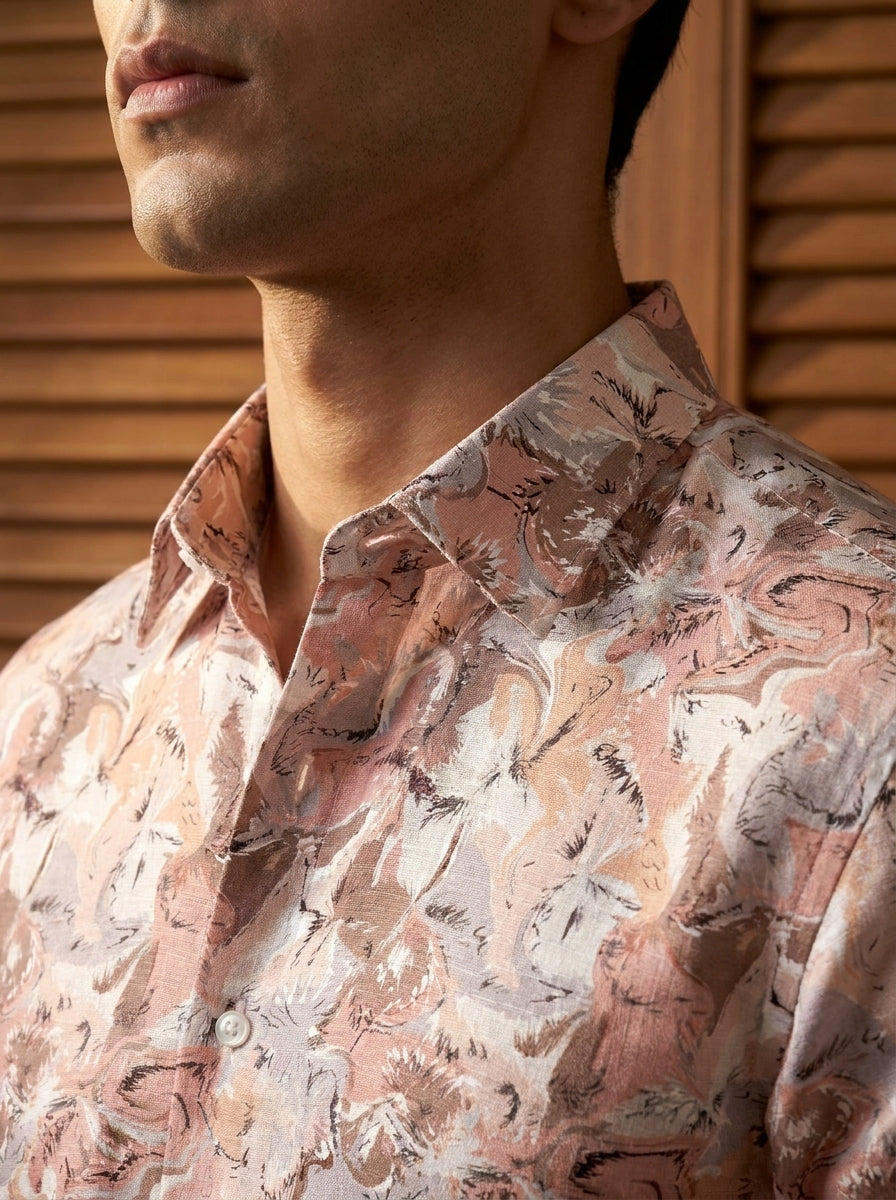 Peach Flower Printed Full Sleeve Shirt