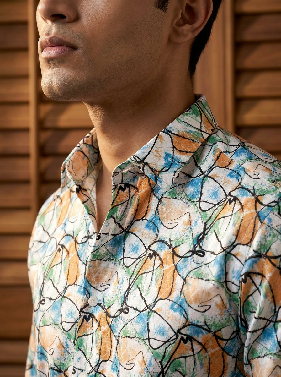 Sky And Orange Printed Full Sleeve Shirt