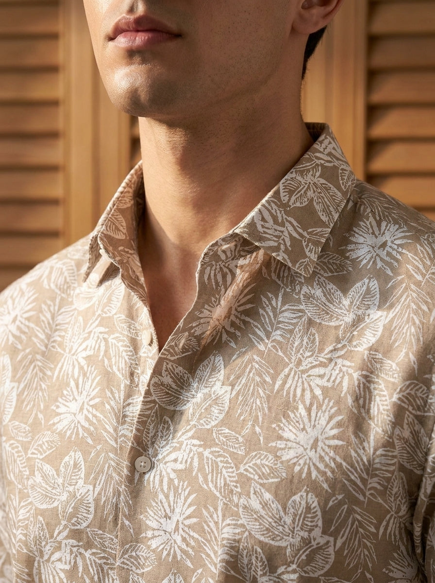 Beige Leaf Printed Full Sleeve Shirt