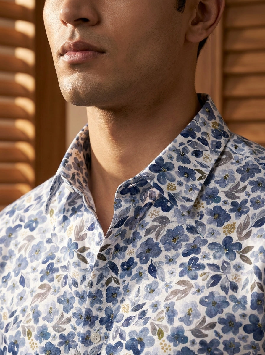 White Floral Printed Full Sleeve Shirt