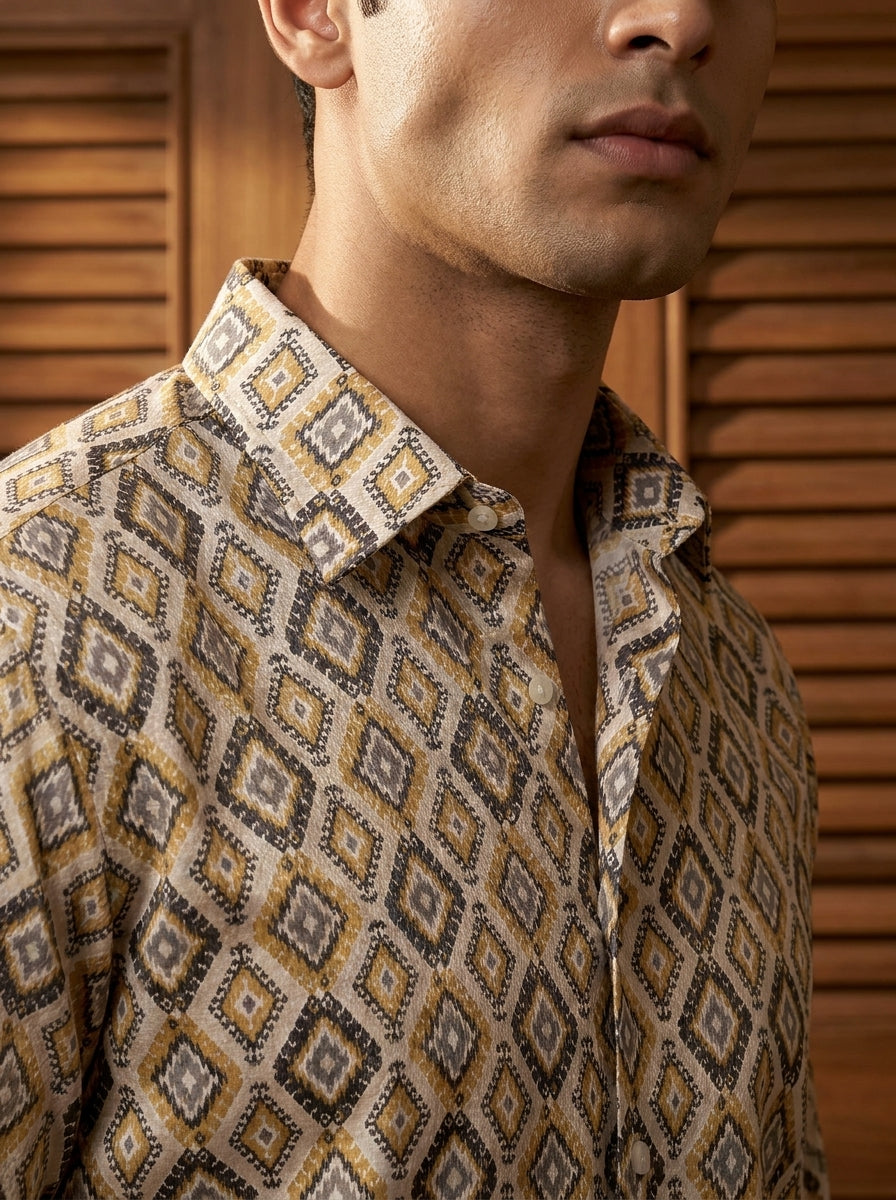 Mustard Ikkat Printed Full Sleeve Shirt