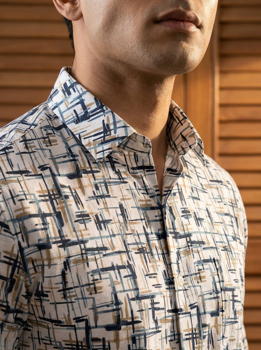 White Abstract Printed Full Sleeve Shirt