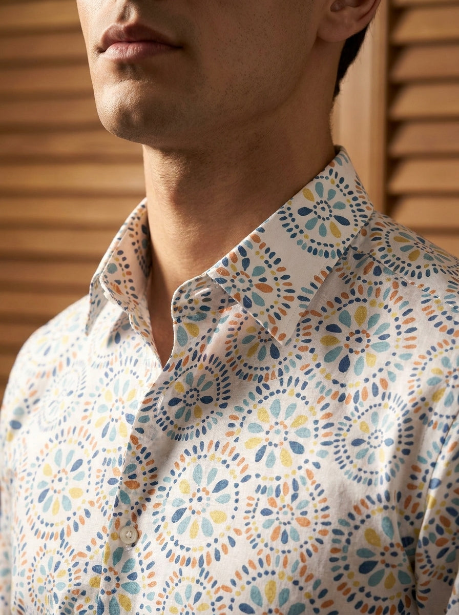 White Round Printed Full Sleeve Shirt