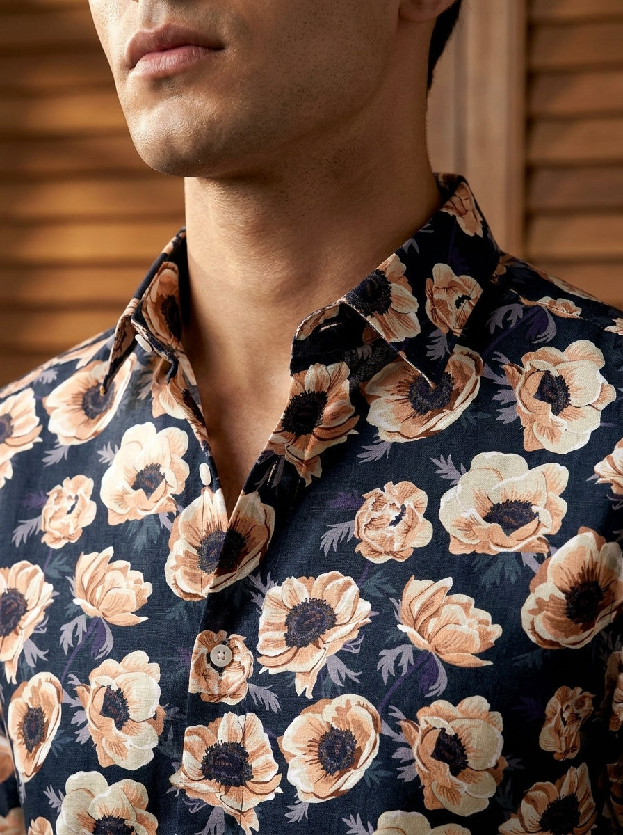 Navy Blue Flower Printed Full Sleeve Shirt