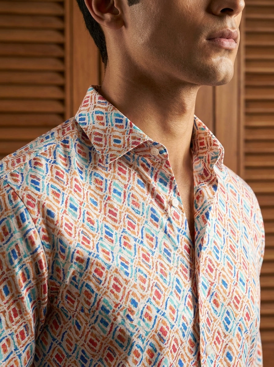 Orange Ikkat Printed Full Sleeve Shirt