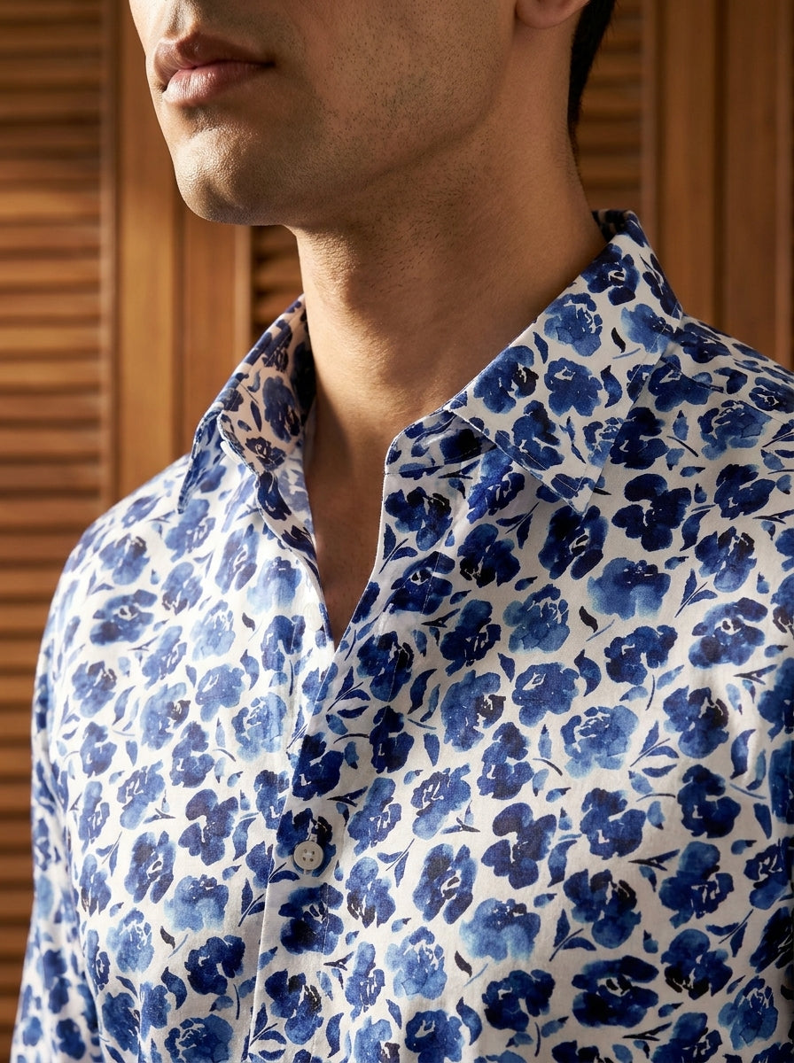 Royal Blue Flower Printed Full Sleeve Shirt