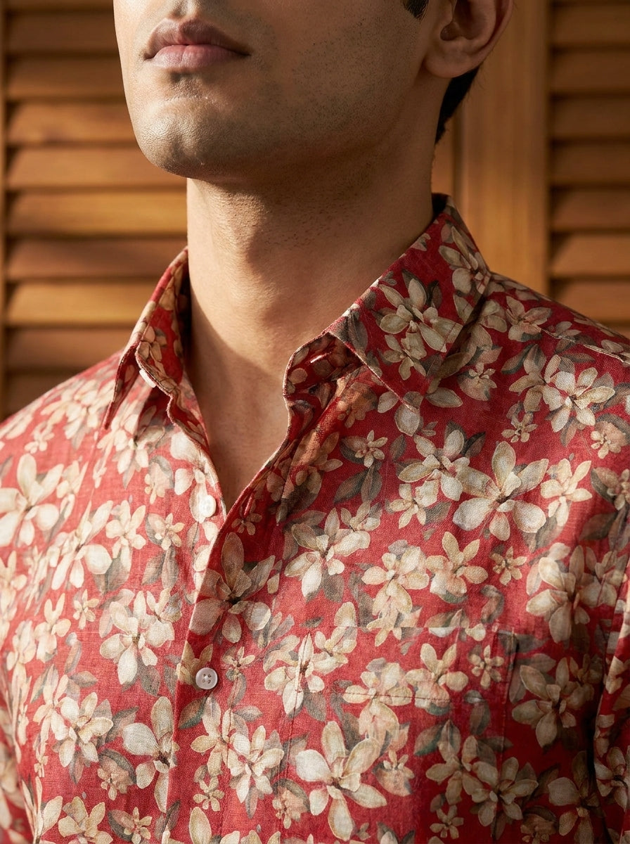 Red Flower Printed Full Sleeve Shirt