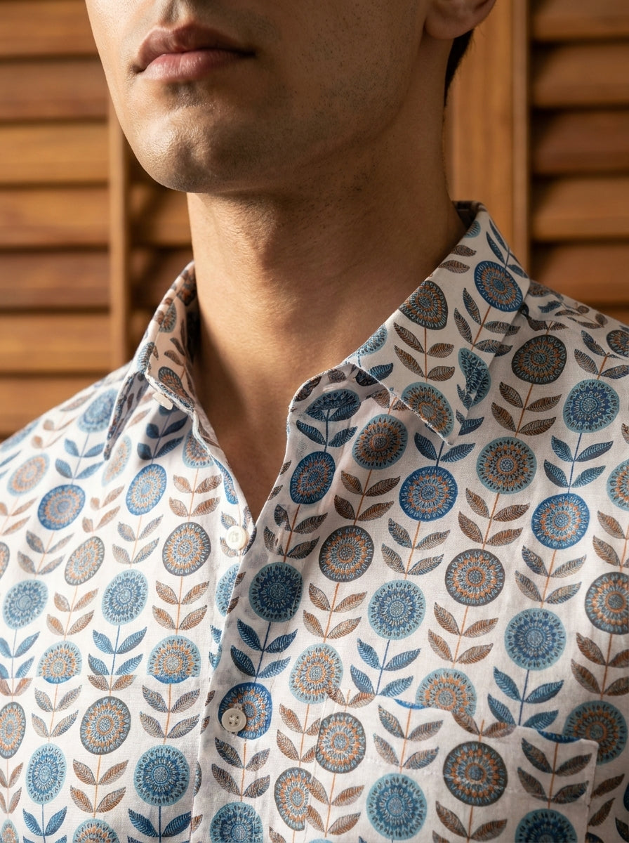 White Flower Printed Full Sleeve Shirt