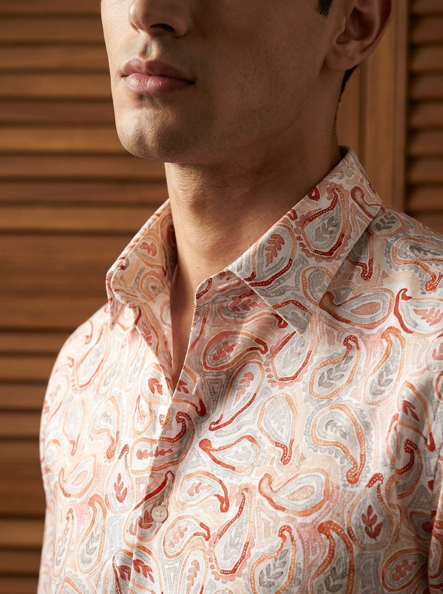 White And Pink Paisley Printed Full Sleeve Shirt