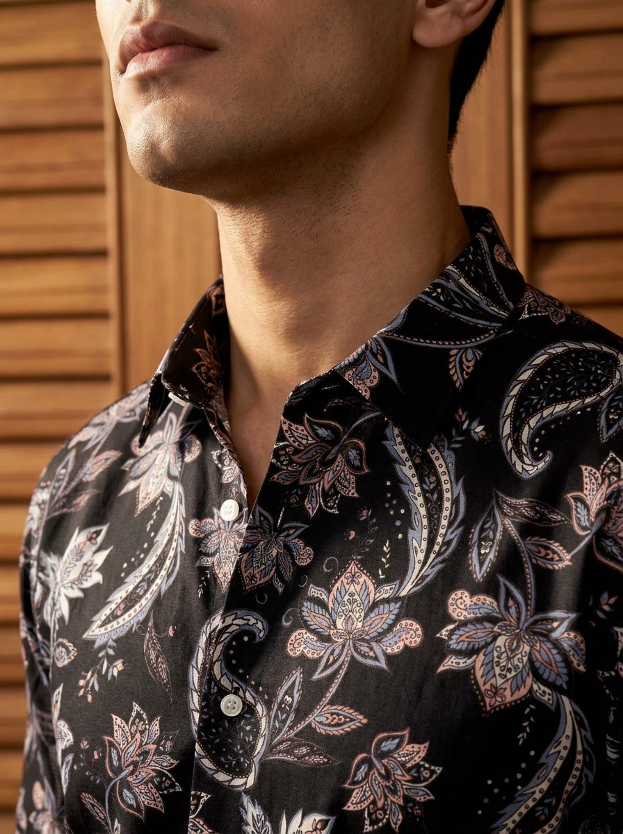 Black Flower Printed Full Sleeve Shirt