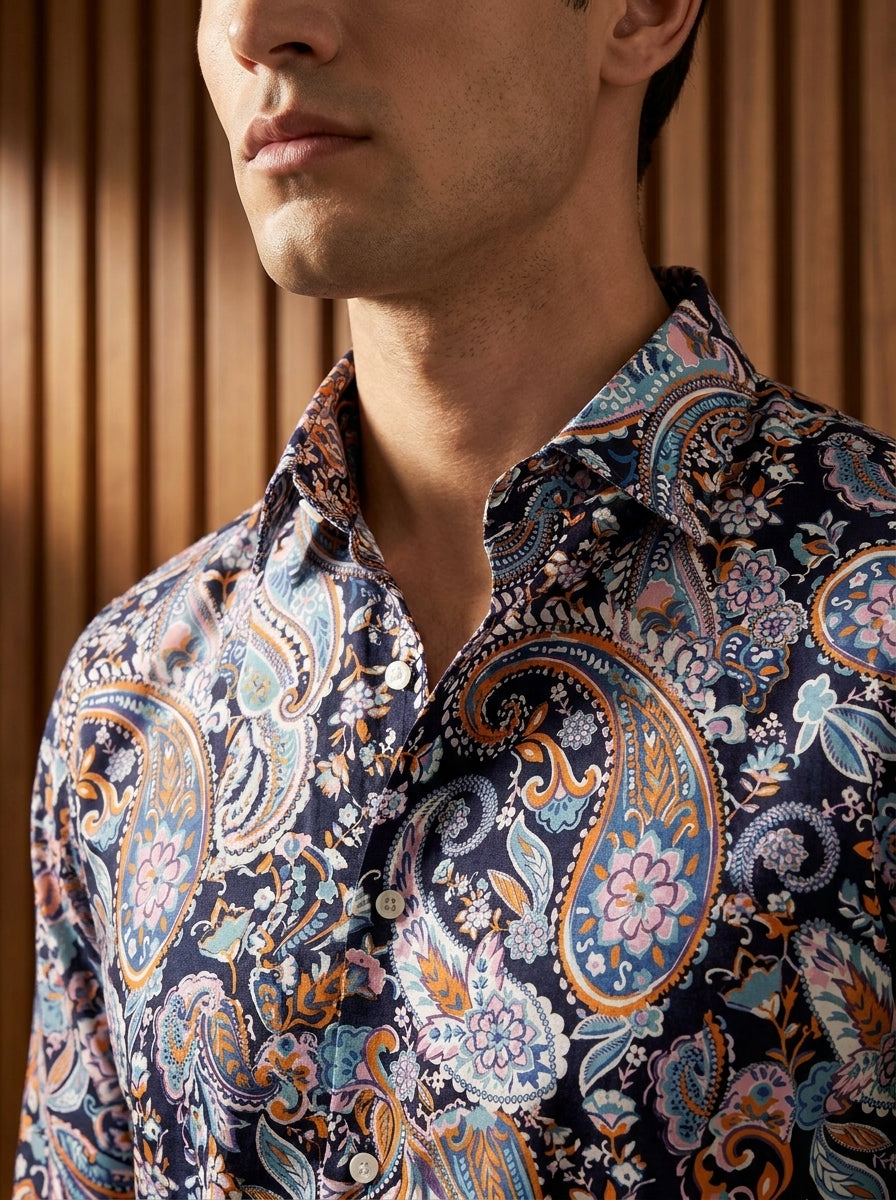 Navy Blue Paisley Printed Full Sleeve Shirt