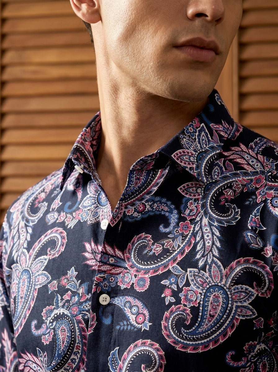 Navy Blue Paisley Printed Full Sleeve Shirt