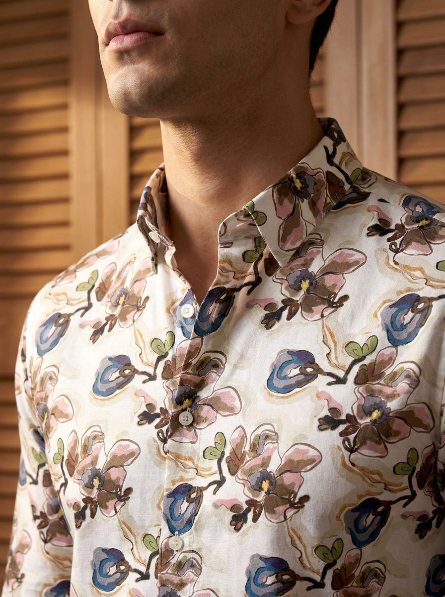 White Flower Printed Full Sleeve Shirt