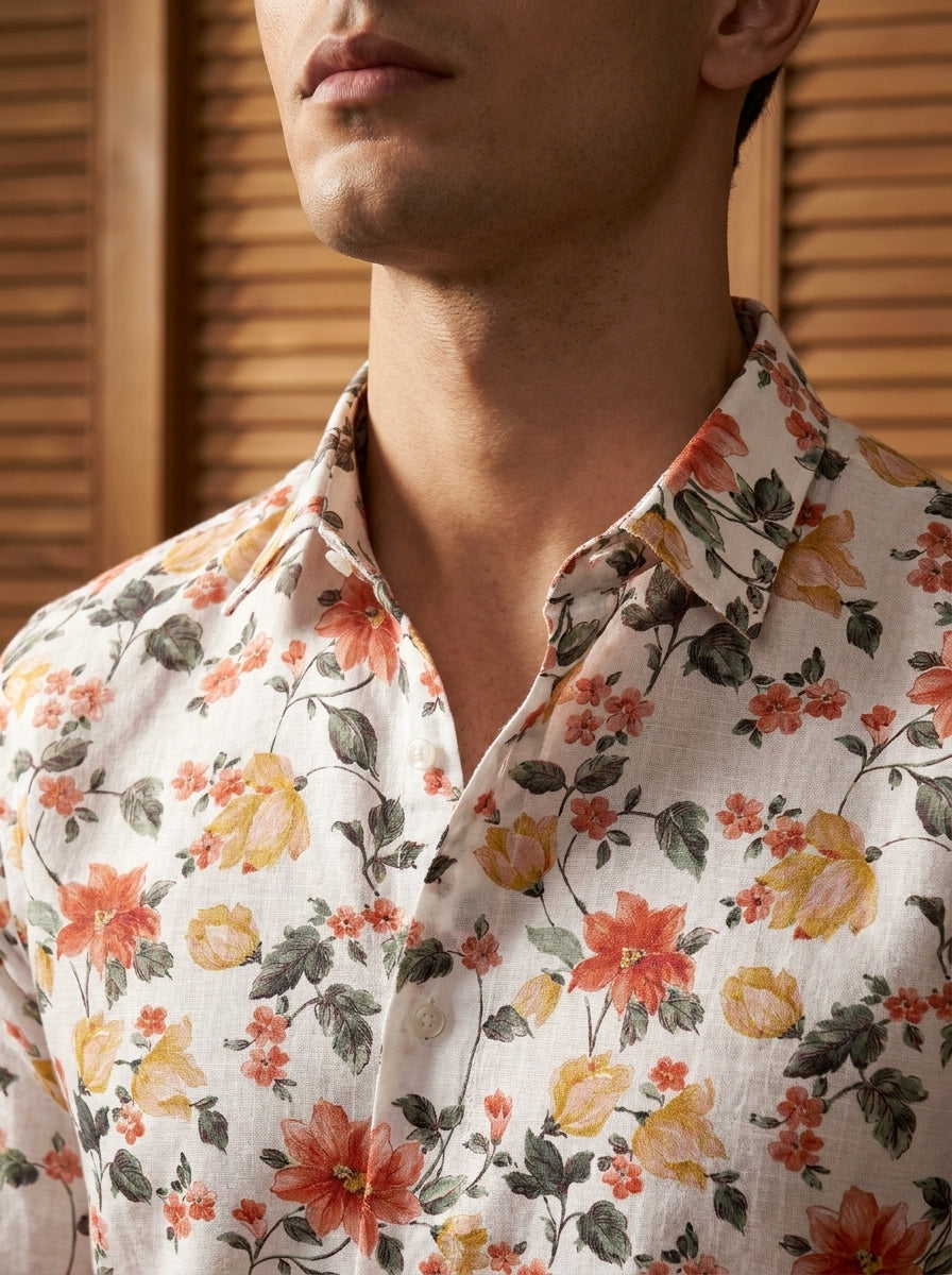 White Flower Printed Full Sleeve Shirt