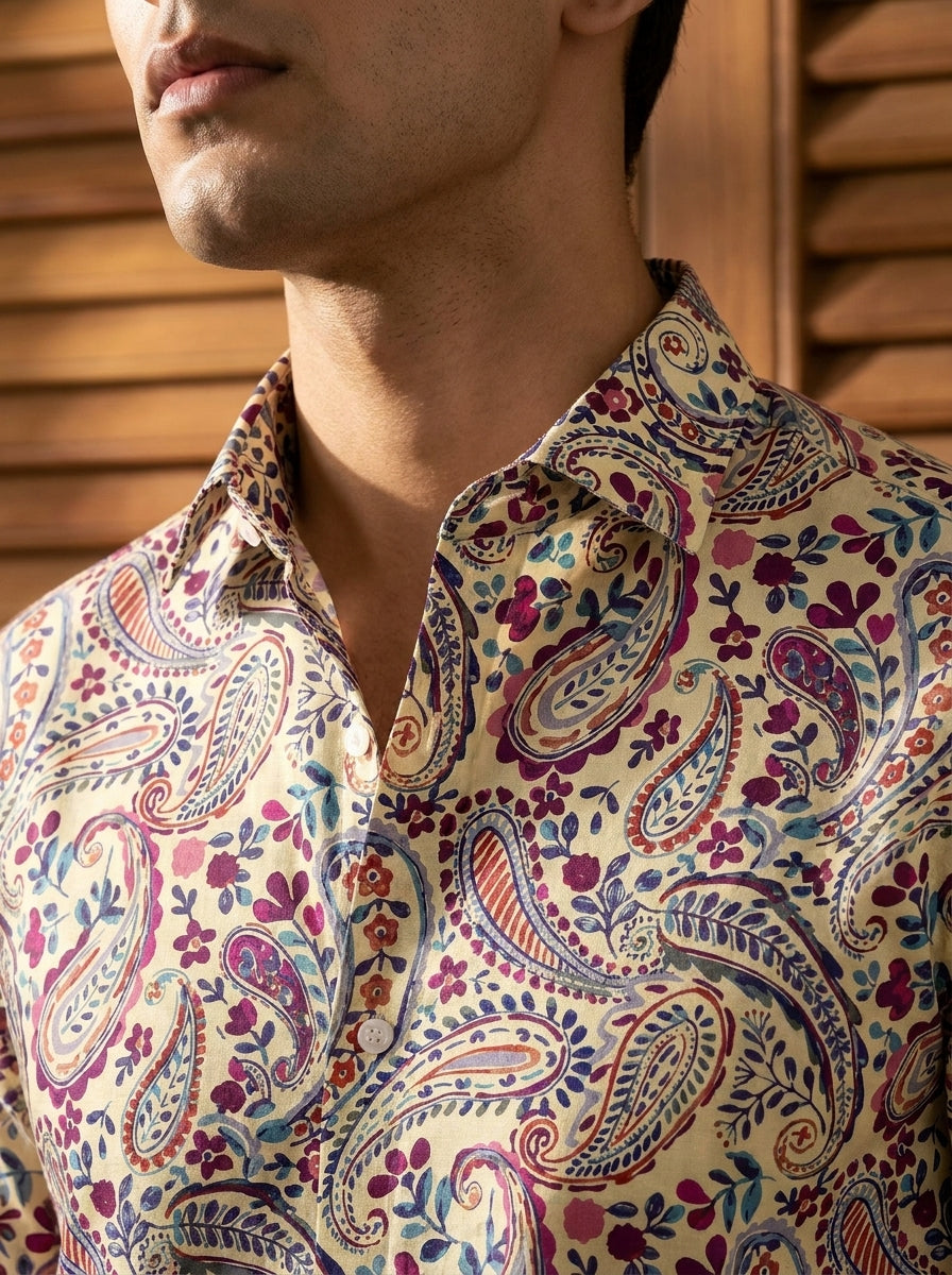 Cream Paisley Printed Full Sleeve Shirt
