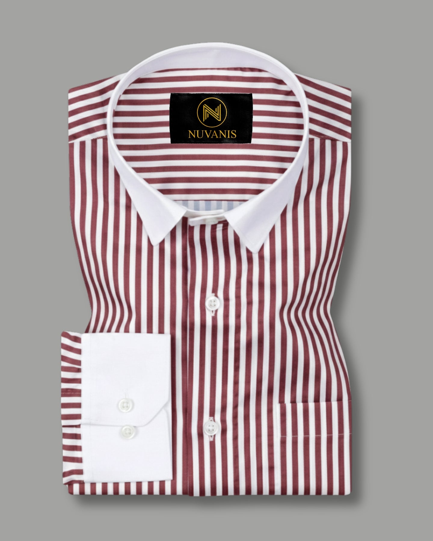 Marron And White Cuff Collar Striped Printed Shirt