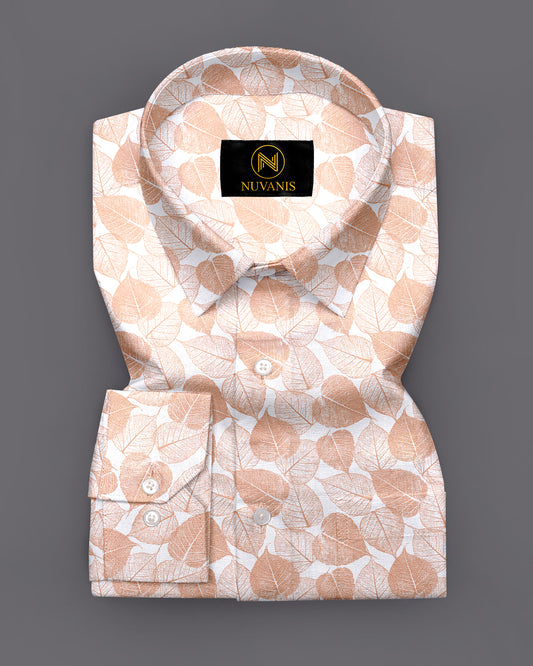 White And Orange Leaf Printed Full Sleeve Shirt