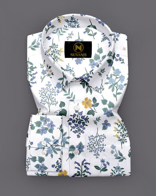 White Multicolor Flower Printed Full Sleeve Shirt