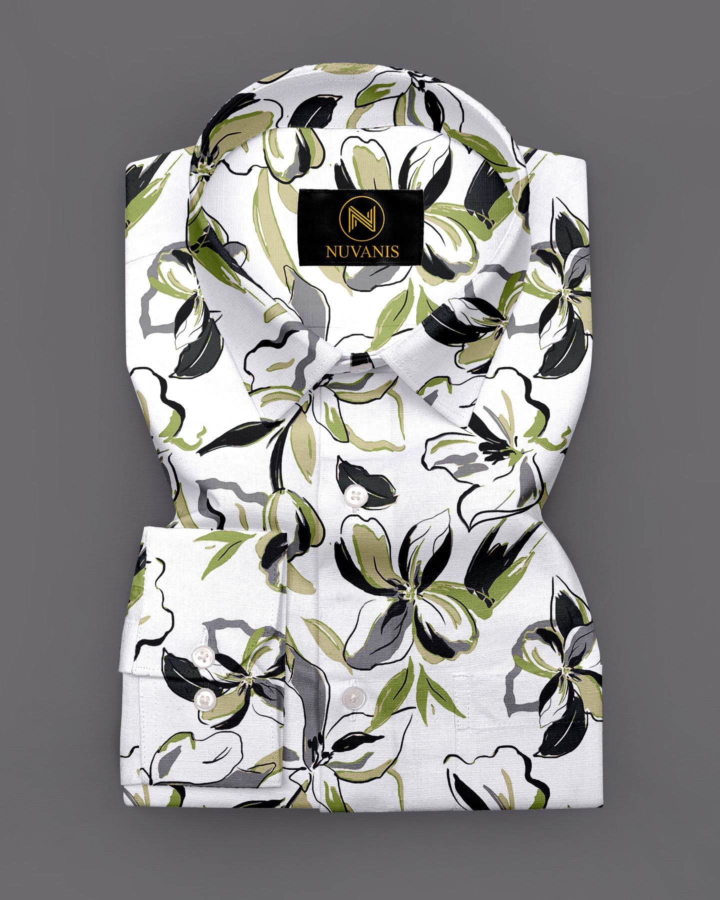 White And Green Flower Printed Full Sleeve Shirt