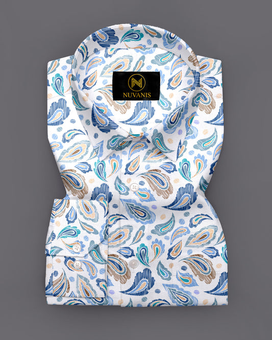White And Blue Paisley Printed Full Sleeve Shirt