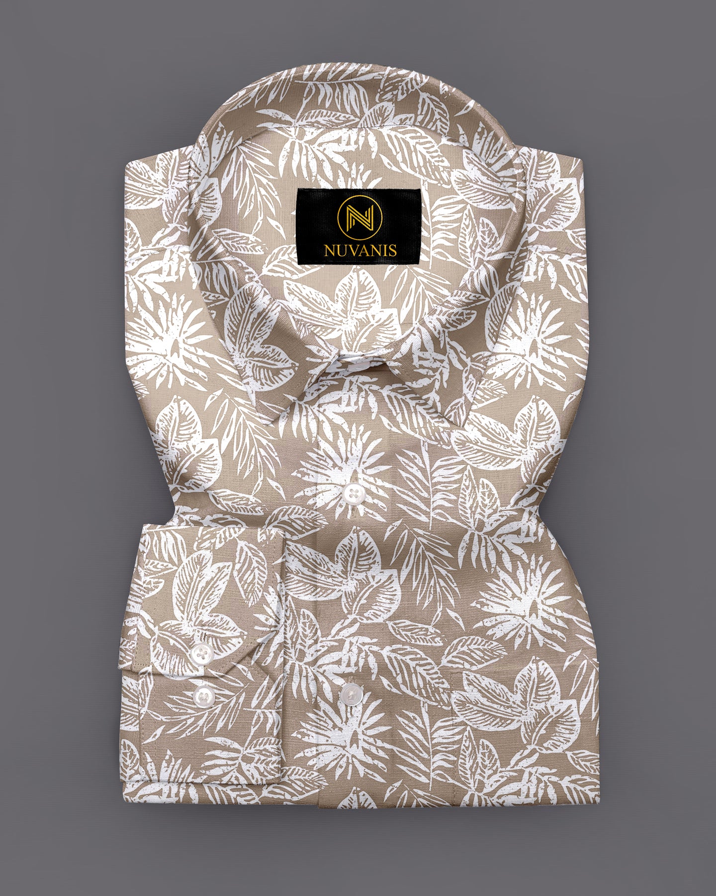 Beige Leaf Printed Full Sleeve Shirt