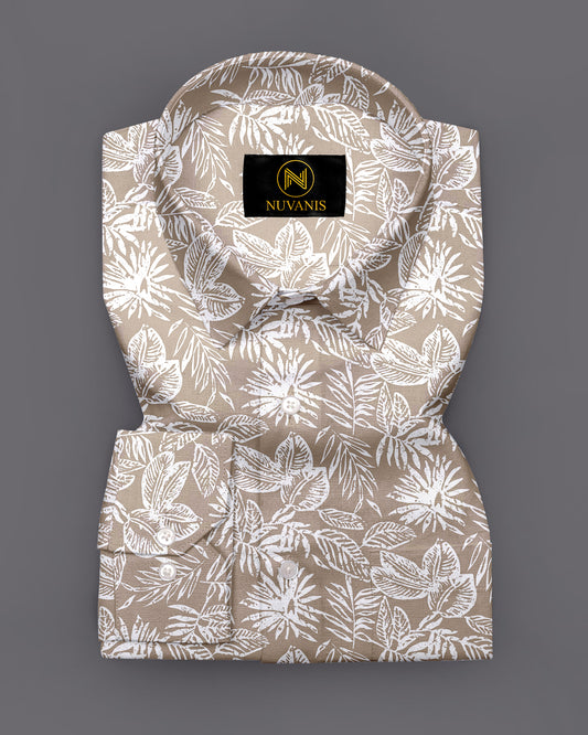 Beige Leaf Printed Full Sleeve Shirt