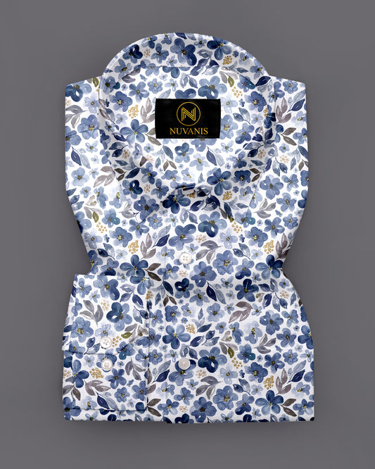 White Floral Printed Full Sleeve Shirt