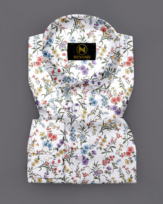 White Leaf And Flower Printed Full Sleeve Shirt