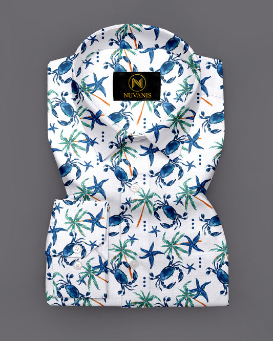 White And Blue Crab Printed Full Sleeve Shirt