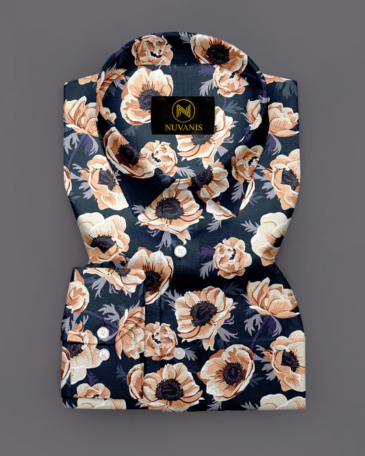 Navy Blue Flower Printed Full Sleeve Shirt