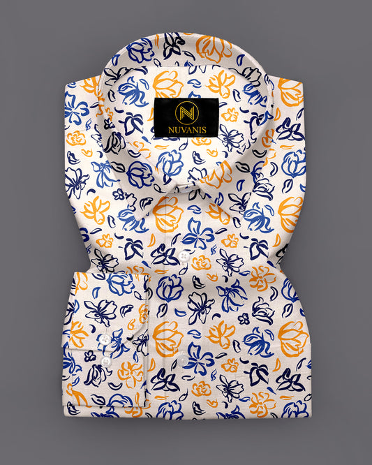 Off White Flower Printed Full Sleeve Shirt